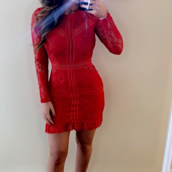 Pretty Little Thing Red Lace Mini Dress - Size 8 - Picture 2 of 5